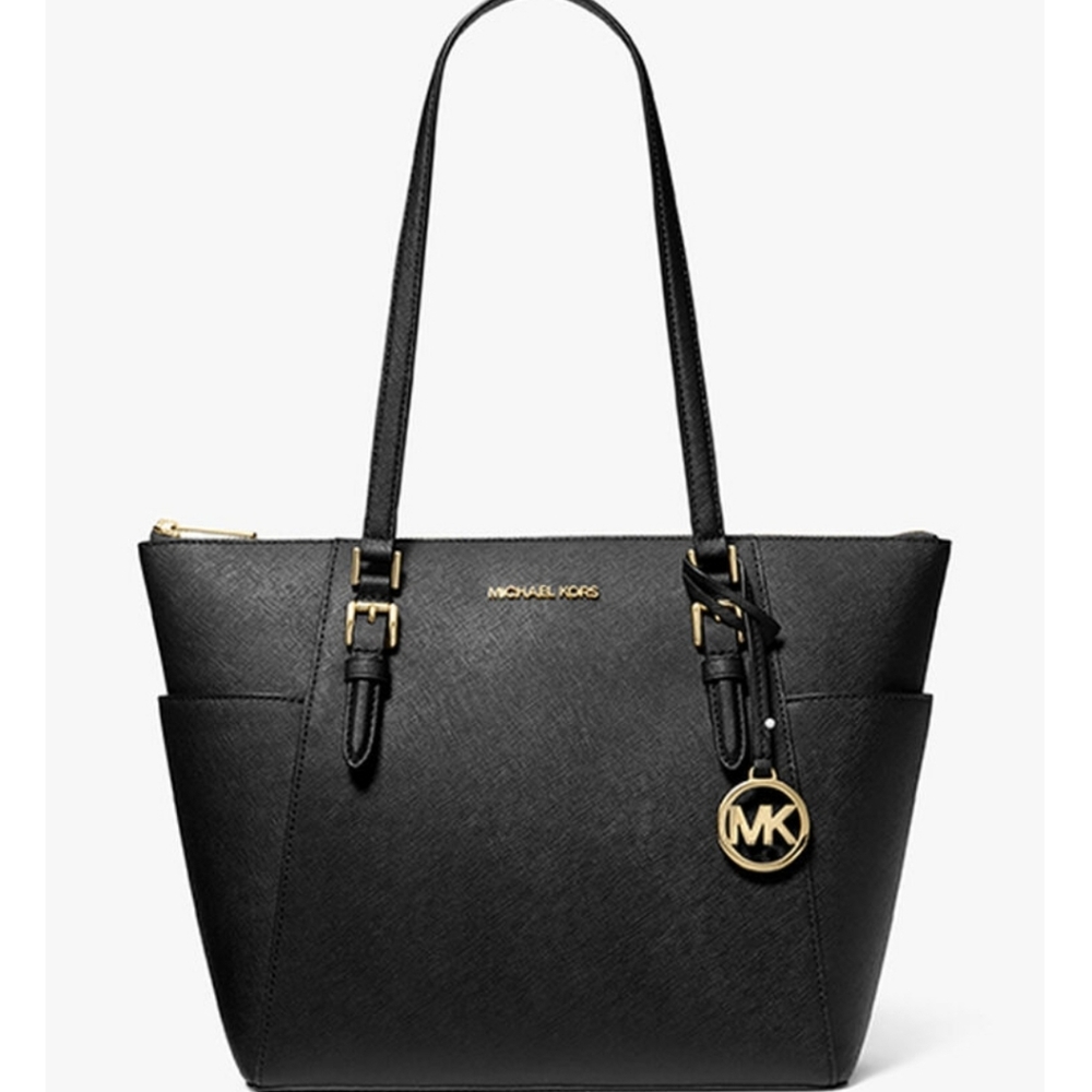 Michael Kors Black Tote Charlotte Large Saffiano Leather Top-Zip Tote Bag, BLACK